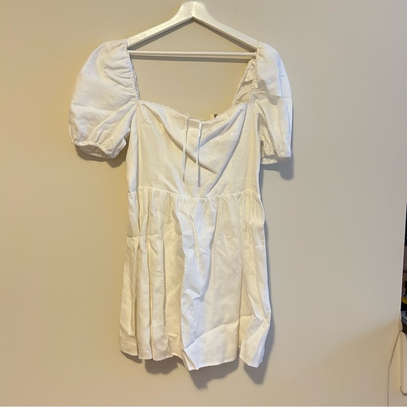 Reformation Malvina Linen Mini Dress White Ivory Puff Sleeve Square Neck 12 NWT - Picture 2 of 15